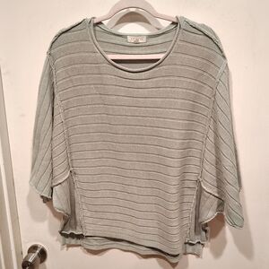 Promesa Sage Green Exposed Seam Born Free Stripe Knit Slouchy Sweater Sz M Boho